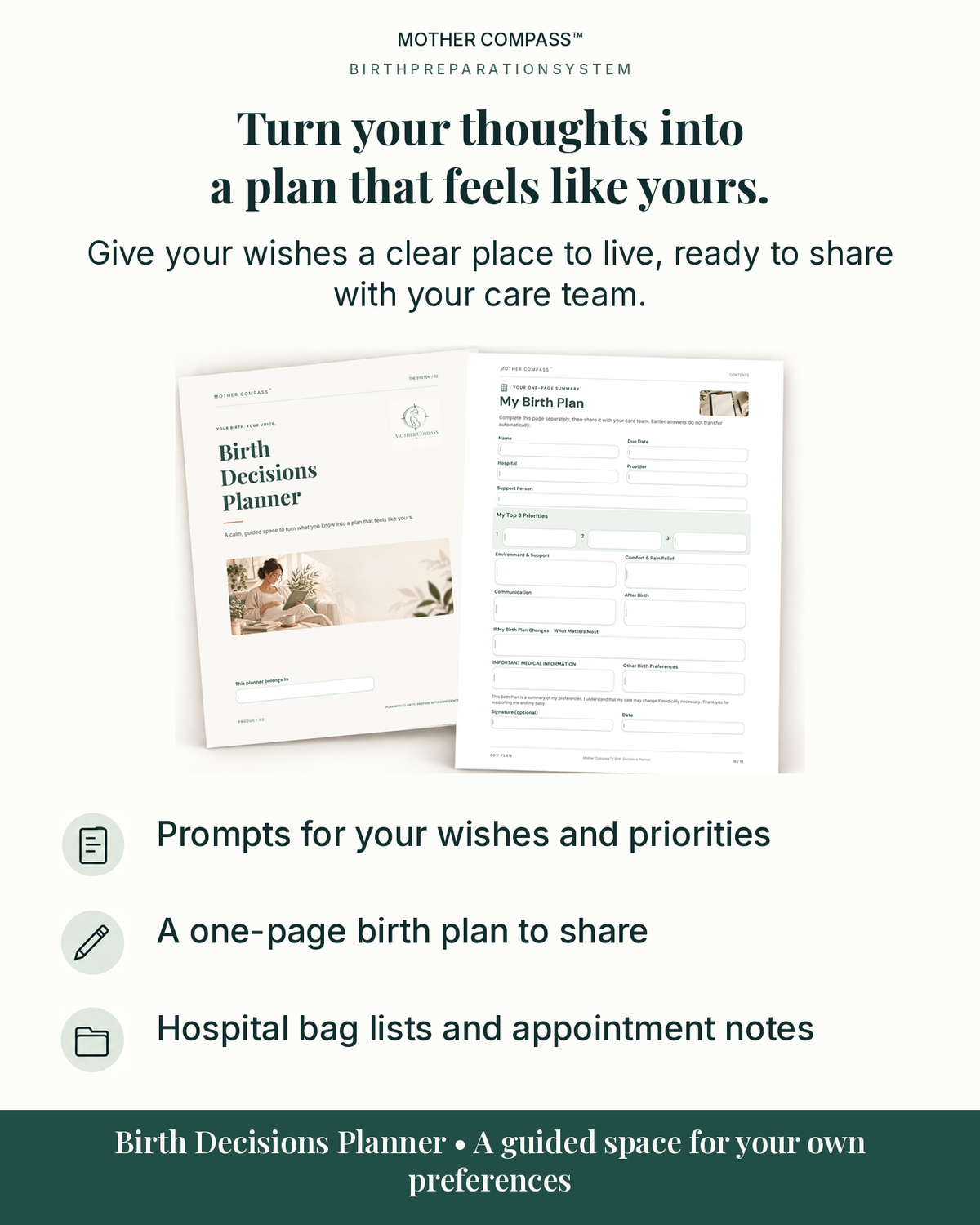 Fillable Birth Decisions Planner with birth preferences and a one-page birth plan