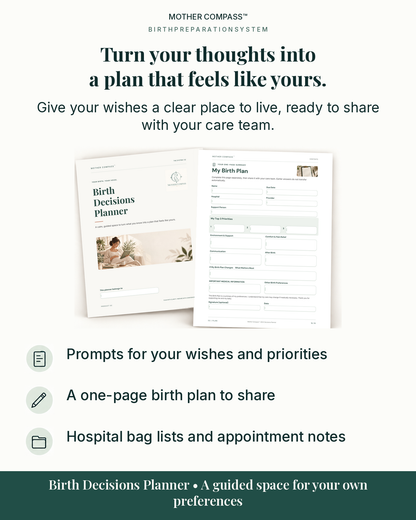 Fillable Birth Decisions Planner with birth preferences and a one-page birth plan