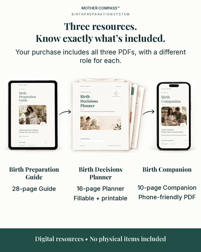 Mother Compass birth preparation system includes guide, fillable birth planner and phone-friendly companion