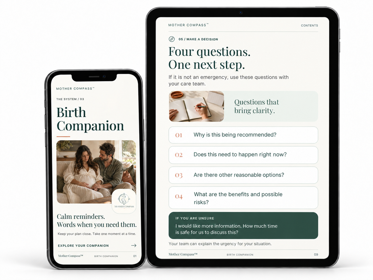Mother Compass mobile Birth Companion on a phone beside its Quick Decision Card