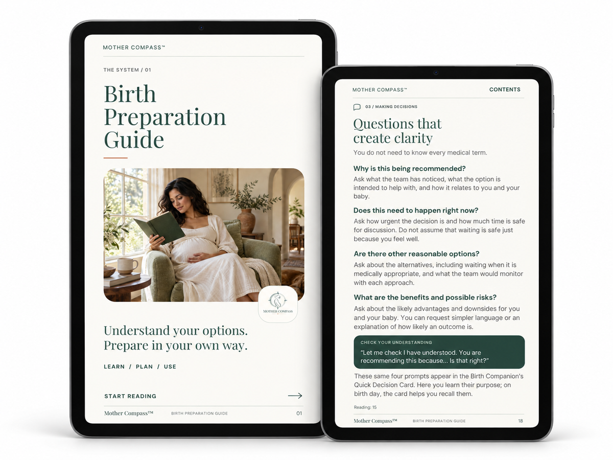 Mother Compass Birth Preparation Guide cover and questions page on tablets