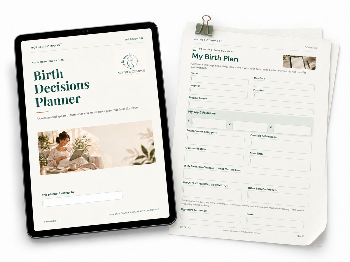 Mother Compass fillable and printable Birth Decisions Planner on iPad with printed birth plan